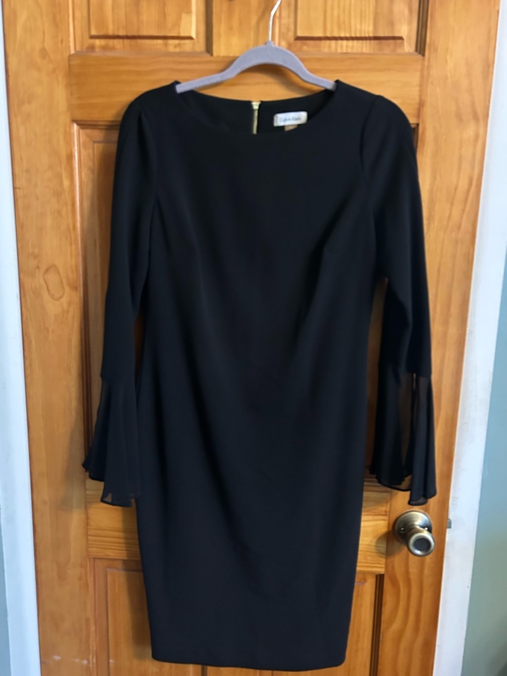 Calvin Klein Black Long Sleeve Shift Dress with Sheer Flared Cuffs